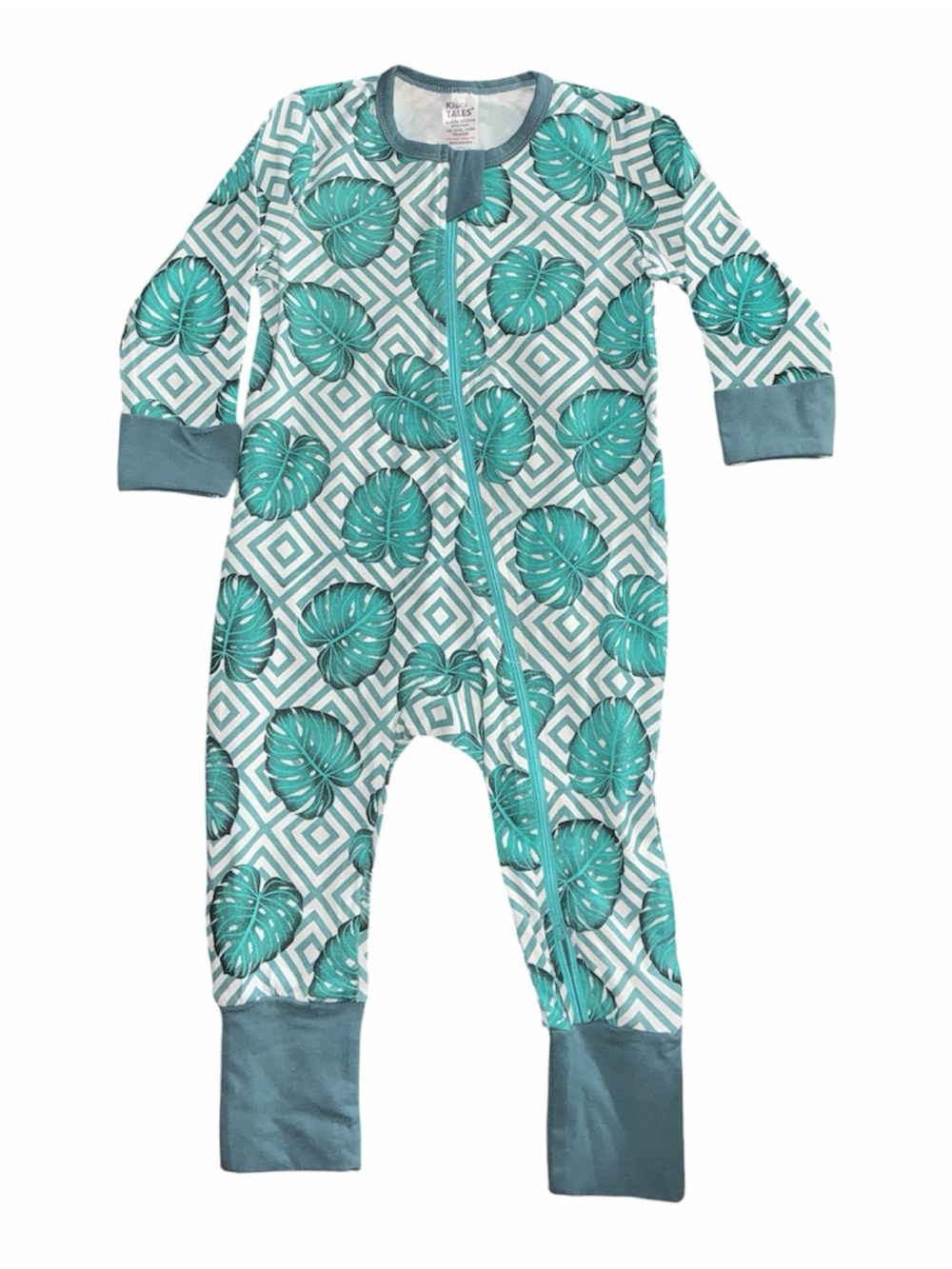 Kids Teal Leaf-Print Zip Front Footie with Hand & Foot Covers